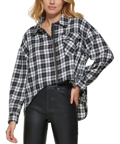 Women's Plaid Zip-Front Long-Sleeve Shirt Black/ivory $25.36 Tops