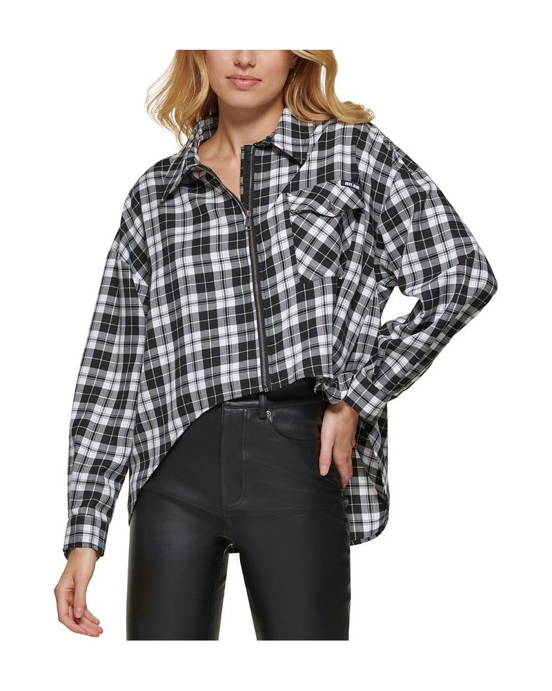 Women's Plaid Zip-Front Long-Sleeve Shirt Black/ivory $25.36 Tops