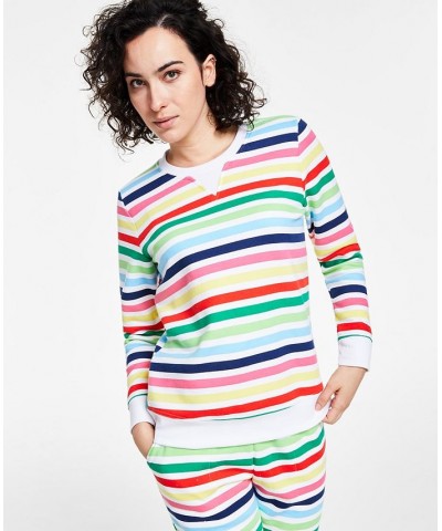 Women's Printed Stripe Matching Crewneck Top White Multi Stripe $12.87 Outfits