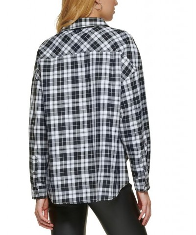 Women's Plaid Zip-Front Long-Sleeve Shirt Black/ivory $25.36 Tops