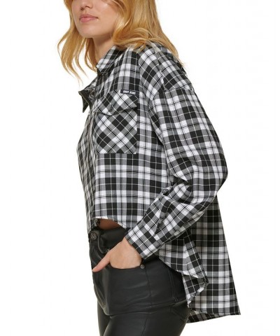 Women's Plaid Zip-Front Long-Sleeve Shirt Black/ivory $25.36 Tops