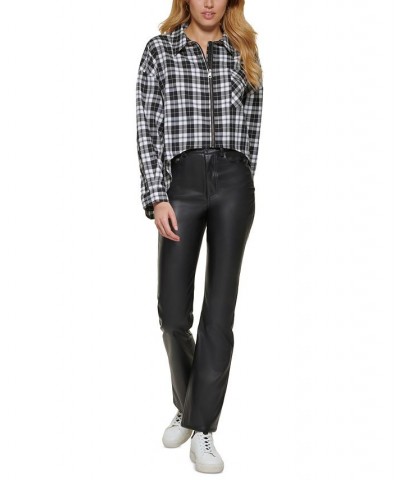 Women's Plaid Zip-Front Long-Sleeve Shirt Black/ivory $25.36 Tops