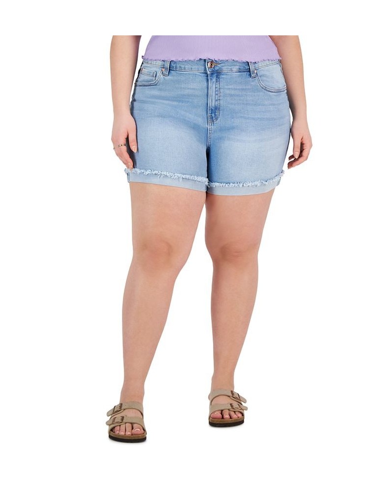 Trendy Plus Size Frayed Cuffed Denim Shorts Balacava $17.99 Shorts