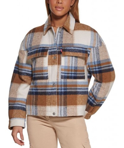 Women's Wool Blend Shorty Shacket Navy, Tan Plaid $66.50 Jackets