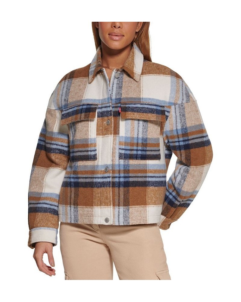 Women's Wool Blend Shorty Shacket Navy, Tan Plaid $66.50 Jackets