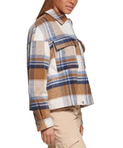 Women's Wool Blend Shorty Shacket Navy, Tan Plaid $66.50 Jackets