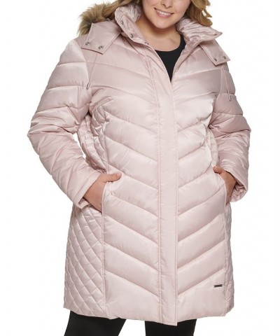 Women's Plus Size Faux-Fur-Trim Hooded Puffer Coat Pink $66.30 Coats