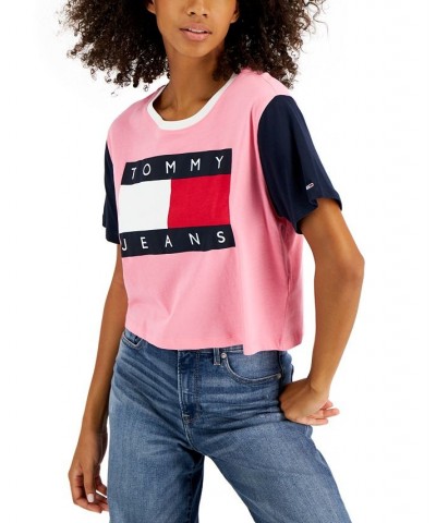 Women's Colorblocked Flag Logo T-Shirt Pink $16.48 Tops