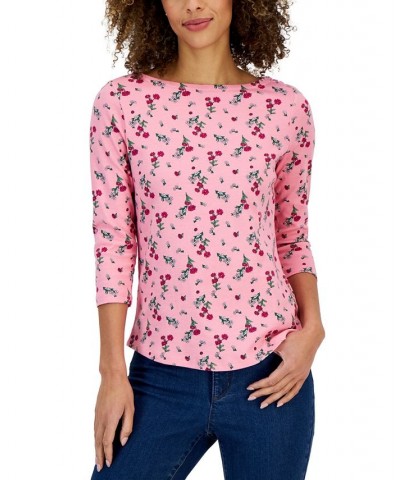 Petite Harmony Floral Boat-Neck Button-Trim Top Pink $14.99 Tops