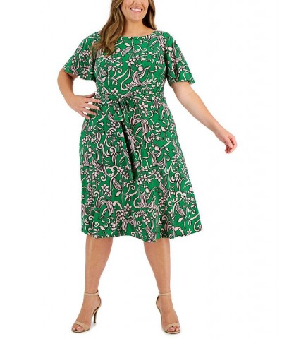 Plus Size Florinda Flutter-Sleeve Belted Dress Green Combo $30.08 Dresses