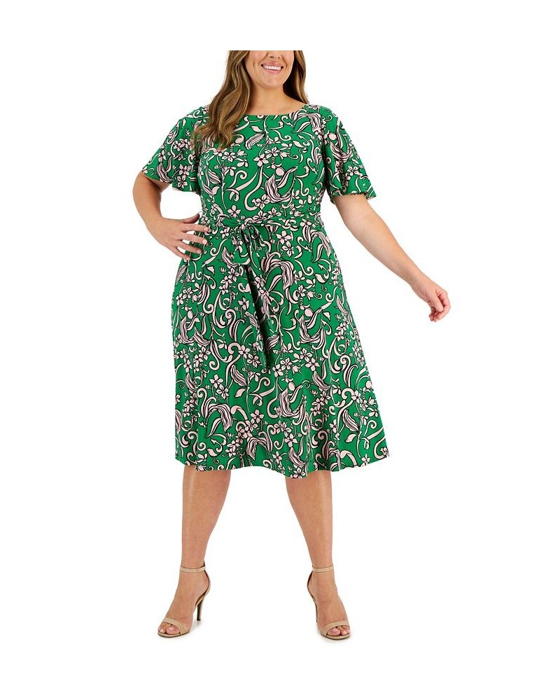 Plus Size Florinda Flutter-Sleeve Belted Dress Green Combo $30.08 Dresses