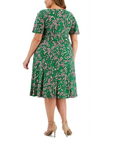 Plus Size Florinda Flutter-Sleeve Belted Dress Green Combo $30.08 Dresses