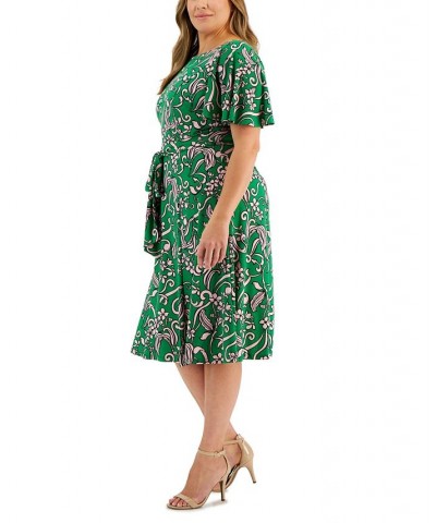 Plus Size Florinda Flutter-Sleeve Belted Dress Green Combo $30.08 Dresses