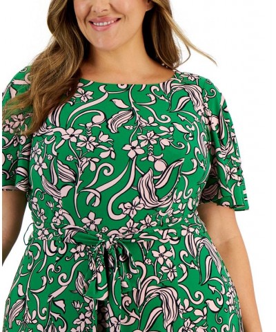 Plus Size Florinda Flutter-Sleeve Belted Dress Green Combo $30.08 Dresses