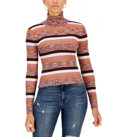 Juniors' Striped Ribbed Turtleneck Sweater Purple $14.70 Sweaters