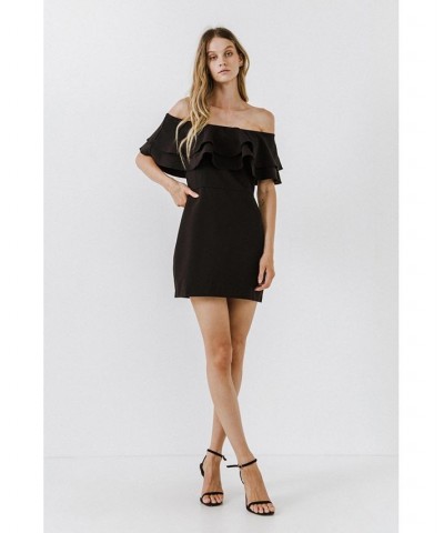 Women's Ruffled Off Shoulder Mini Dress Black $45.00 Dresses