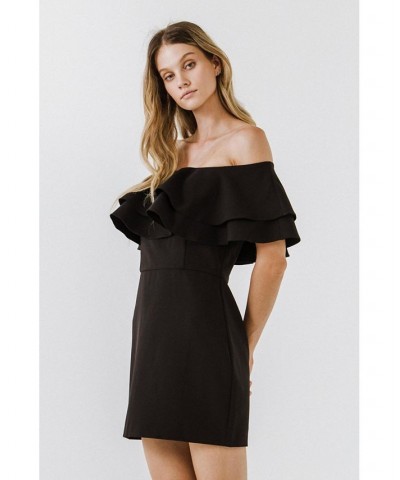 Women's Ruffled Off Shoulder Mini Dress Black $45.00 Dresses