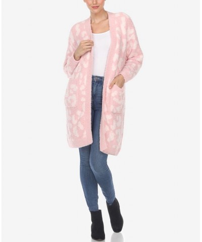 Women's Leopard Print Open Front Sherpa Cardigan Pink $26.40 Sweaters