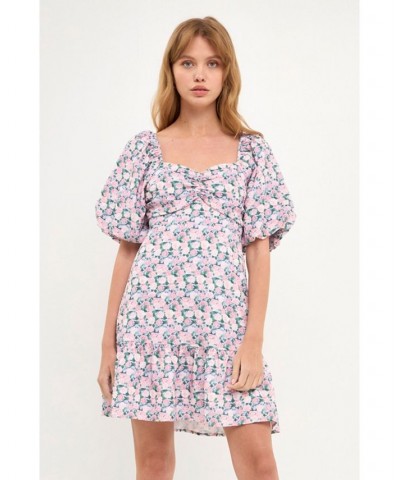 Women's Floral Puff Sleeve Mini Dress Lilac pink $36.30 Dresses