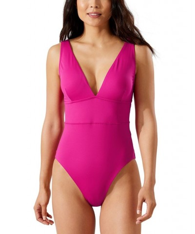 Women's Plunge V-Neck One-Piece Swimsuit Pink $45.99 Swimsuits