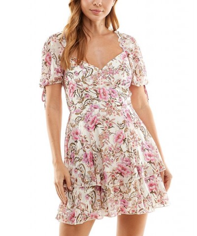 Juniors' Floral-Print Tiered Fit & Flare Dress Ivory/Berry $34.22 Dresses