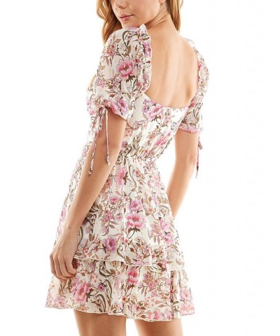 Juniors' Floral-Print Tiered Fit & Flare Dress Ivory/Berry $34.22 Dresses