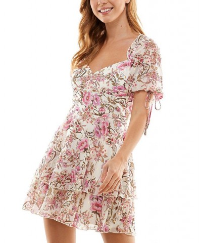 Juniors' Floral-Print Tiered Fit & Flare Dress Ivory/Berry $34.22 Dresses