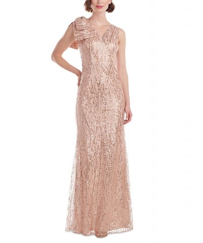 Women's Sequin-Detail Bow-Shoulder Gown Rose Gold $129.36 Dresses