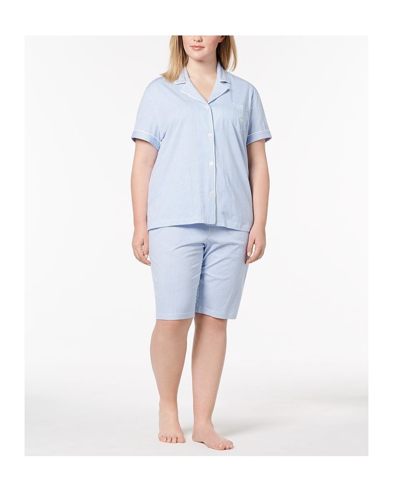 Bermuda Plus Size Printed Cotton Pajama Set French Blue Stripe $41.80 Sleepwear