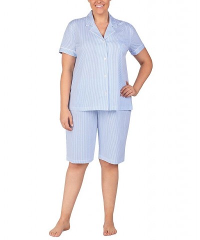 Bermuda Plus Size Printed Cotton Pajama Set French Blue Stripe $41.80 Sleepwear