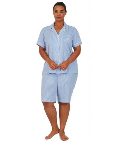 Bermuda Plus Size Printed Cotton Pajama Set French Blue Stripe $41.80 Sleepwear