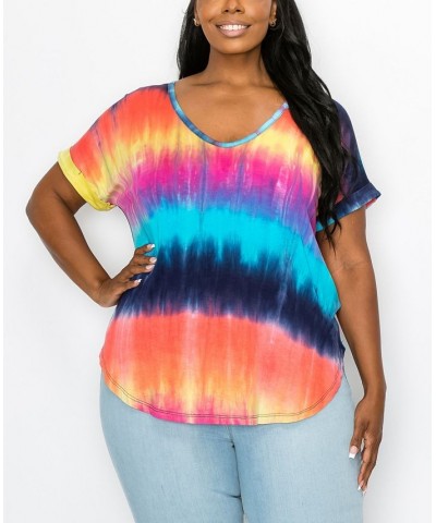 Plus Size Hand Tie Dye V-Neck Rolled Sleeve Top Rainbow/Multi $21.45 Tops