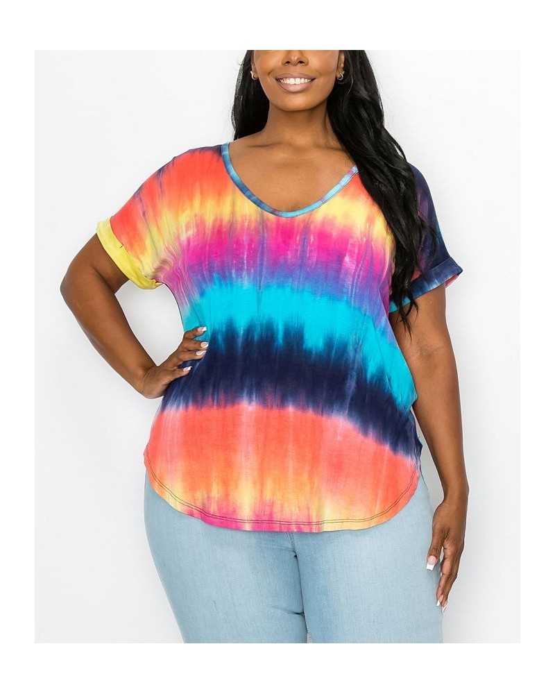 Plus Size Hand Tie Dye V-Neck Rolled Sleeve Top Rainbow/Multi $21.45 Tops