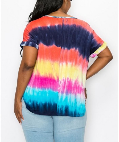 Plus Size Hand Tie Dye V-Neck Rolled Sleeve Top Rainbow/Multi $21.45 Tops