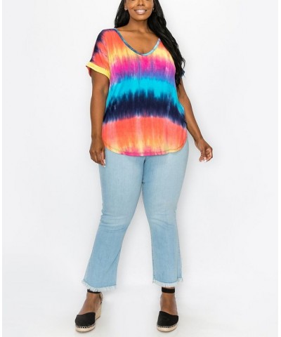 Plus Size Hand Tie Dye V-Neck Rolled Sleeve Top Rainbow/Multi $21.45 Tops