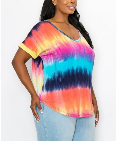 Plus Size Hand Tie Dye V-Neck Rolled Sleeve Top Rainbow/Multi $21.45 Tops