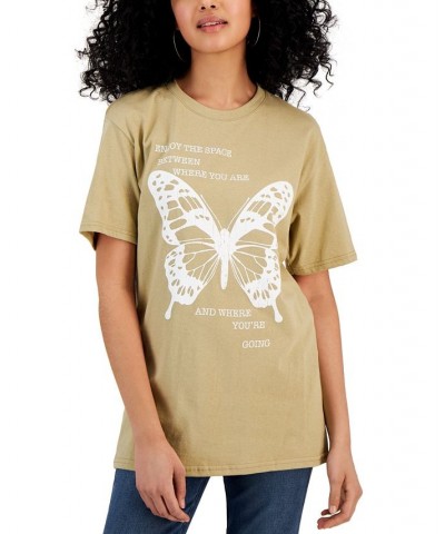 Juniors' Butterfly-Graphic-Print Cotton Boyfriend T-Shirt Khaki $15.60 Tops