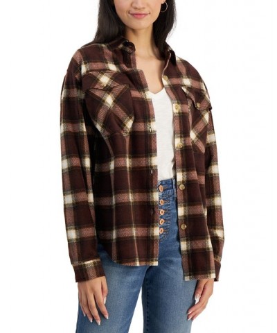 Juniors' Plaid Print Shacket Brown Grey Plaid $14.40 Tops