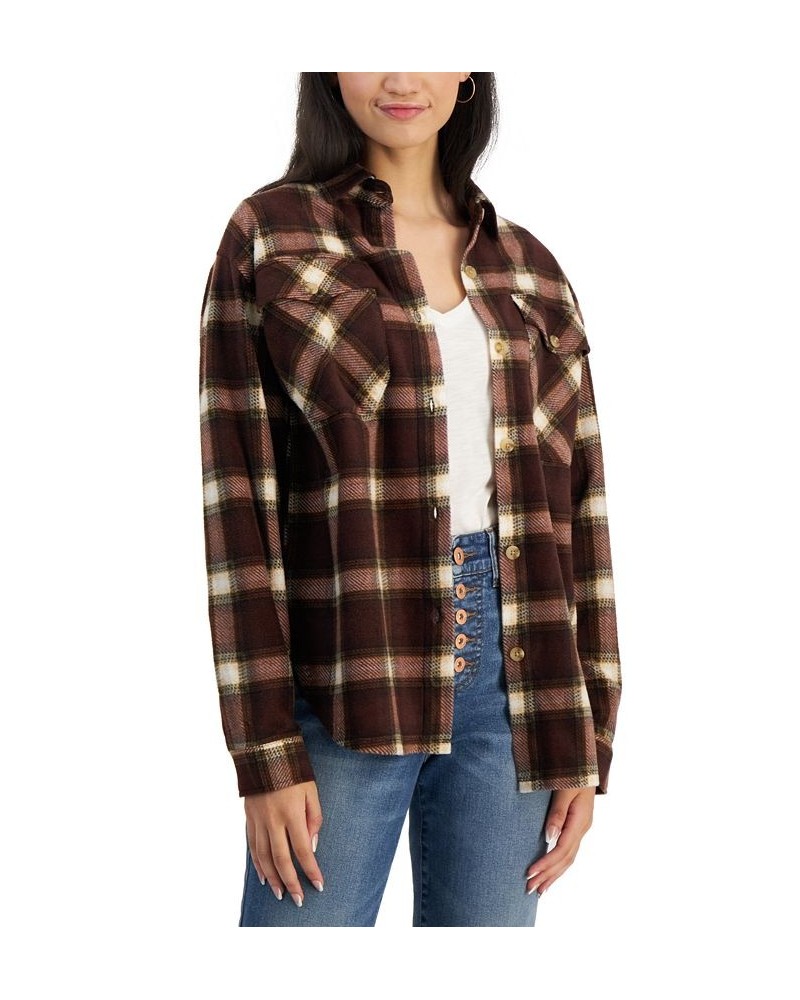 Juniors' Plaid Print Shacket Brown Grey Plaid $14.40 Tops