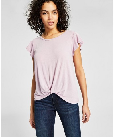 Juniors' Ruffled-Sleeve Twist-Hem Top Purple $8.82 Tops