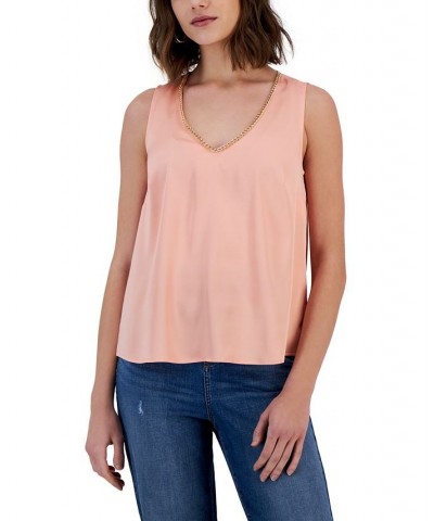 Women's Chain-Trim V-Neck Tank Top Pink $25.14 Tops