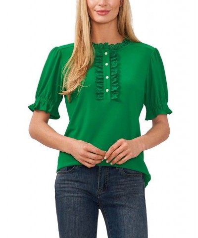 Women's Ruffled Eyelet-Trimmed Henley Knit Top Green $31.74 Tops