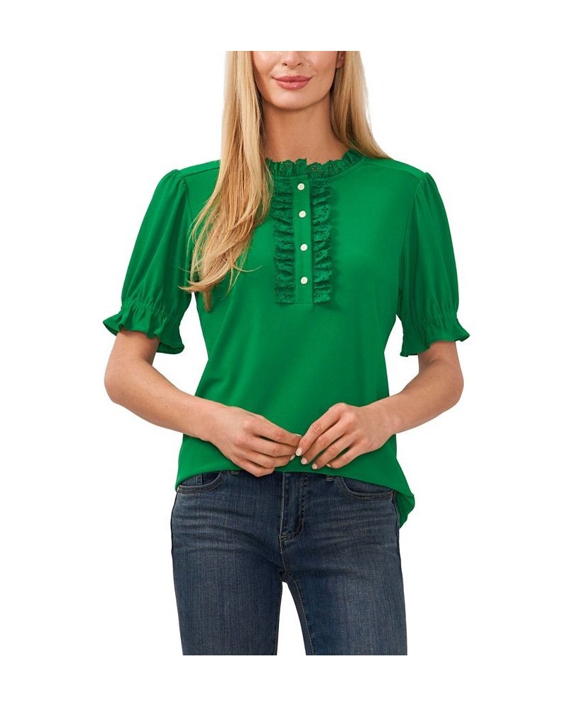 Women's Ruffled Eyelet-Trimmed Henley Knit Top Green $31.74 Tops