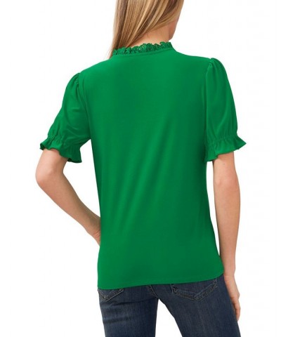 Women's Ruffled Eyelet-Trimmed Henley Knit Top Green $31.74 Tops