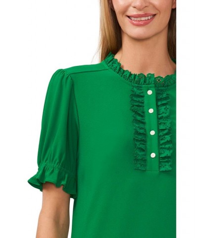 Women's Ruffled Eyelet-Trimmed Henley Knit Top Green $31.74 Tops