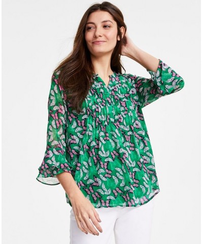 Women's Print Pintuck Top Regular & Petites Green $18.35 Tops