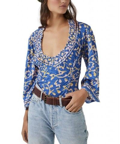 Women's On The Block Printed Wide-Sleeve Cotton Top Blue $43.12 Tops