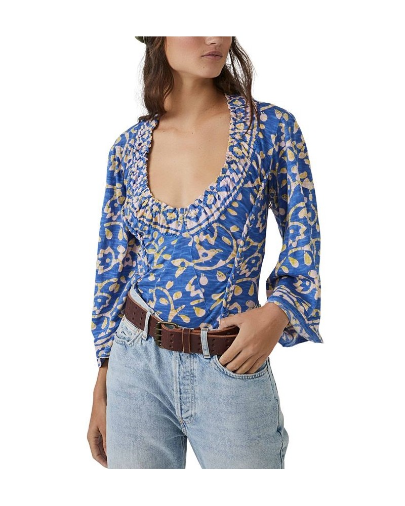 Women's On The Block Printed Wide-Sleeve Cotton Top Blue $43.12 Tops