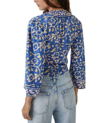 Women's On The Block Printed Wide-Sleeve Cotton Top Blue $43.12 Tops