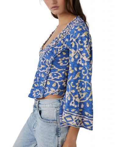 Women's On The Block Printed Wide-Sleeve Cotton Top Blue $43.12 Tops